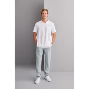 Pantalón sanitario unisex Monza Phoenix 13.02 - Verde liquen - frontal del pantalón con casaca blanca