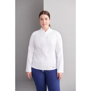 Chaqueta sanitaria mujer Monza Vela 12.26 - Blanco - frontal con pantalón Phoenix marino