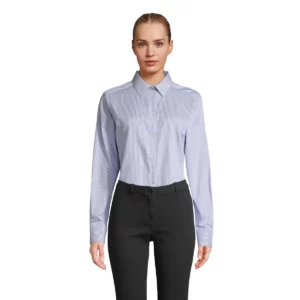 Camisa rayas mujer NEOBLU BAPTISTE WOMEN 04339 en Raya azul, vista frontal con modelo.