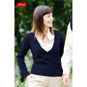 Jersey de mujer escote de pico Norvil 10 en marino navy, vista de tres cuartos, sobre modelo.