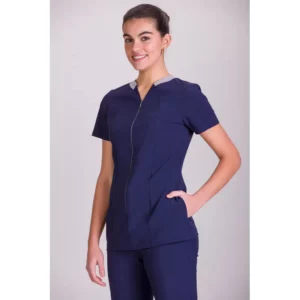 Casaca stretch de mujer Norvil 1121 en azul/gris, vista frontal, sobre modelo.