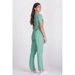 Túnica sanitaria de mujer Norvil 1140 en verde agua, vista trasera, sobre modelo.