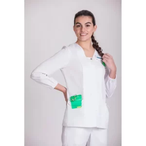 Casaca ecológica de mujer Norvil 1144 en blanco, vista frontal, sobre modelo.