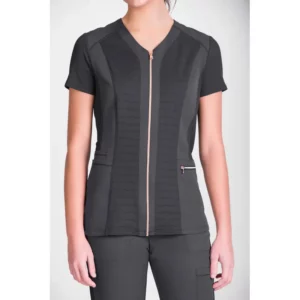 Túnica sanitaria de mujer Norvil 1146 en gris oscuro, vista frontal, sobre modelo.