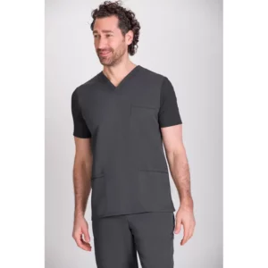 Túnica sanitaria de hombre Norvil 1149 en gris oscuro, vista frontal, sobre modelo.