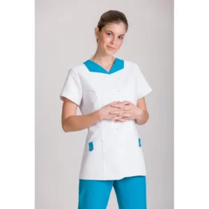 Casaca antilejía de mujer Norvil 1172 en blanco/turquesa, vista frontal, sobre modelo.