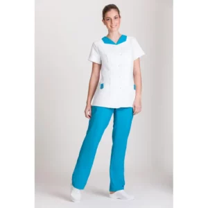 Casaca antilejía de mujer Norvil 1172 en blanco/turquesa, vista frontal, sobre modelo.