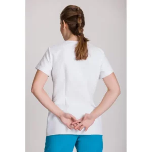 Casaca antilejía de mujer Norvil 1172 en blanco/turquesa, vista trasera, sobre modelo.