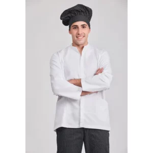 Túnica catering unisex Norvil 1183 en blanco, vista frontal, sobre modelo.