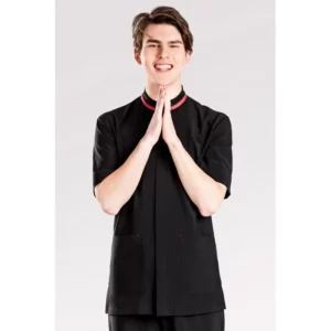 Túnica confort fit de hombre Norvil 1192 en negro con detalles fucsias, vista frontal, sobre modelo.