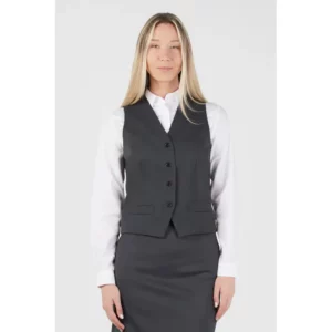 Chaleco de mujer easy iron Norvil 1246 en gris, vista frontal, sobre modelo.