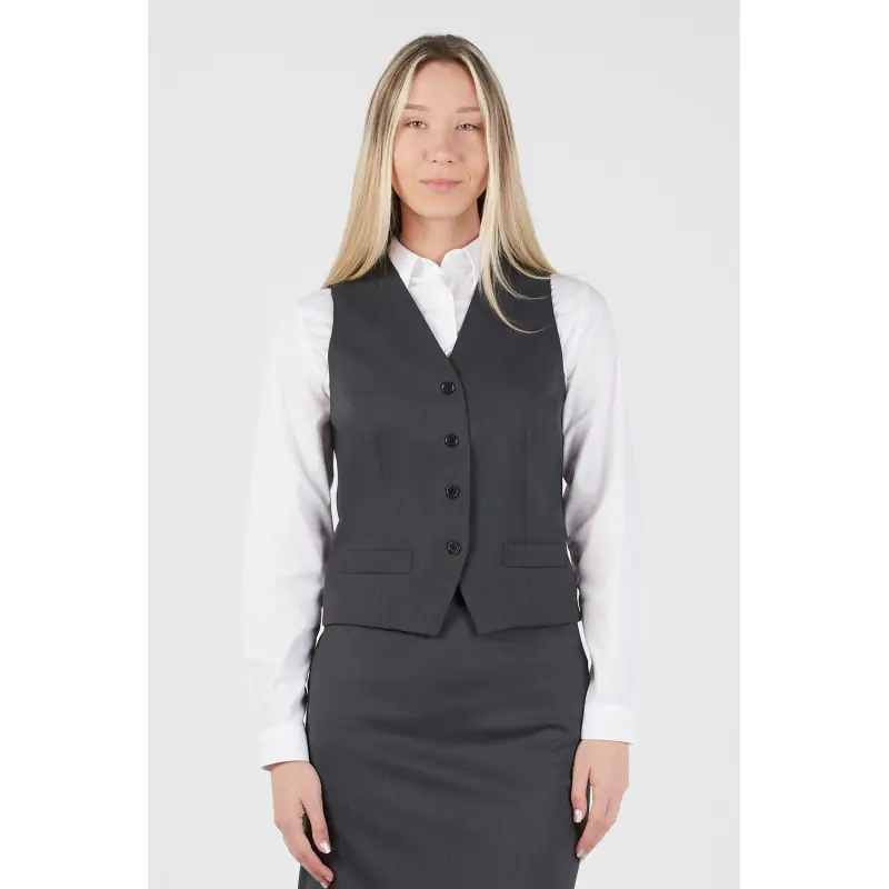 Chaleco de mujer easy iron Norvil 1246 3 Chaleco de mujer easy iron Norvil 1246 en gris, vista frontal, sobre modelo.