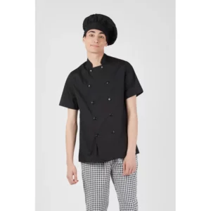 Chaqueta chef grancy Norvil 1501 en negro, vista frontal, sobre modelo.