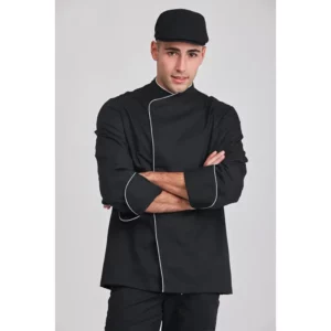 Chaqueta chef eton Norvil 1505 en negro, vista frontal, sobre modelo.