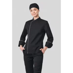 Chaqueta chef eton Norvil 1505 en negro, vista frontal, sobre modelo.