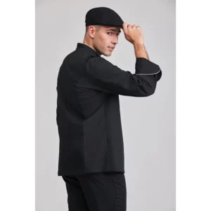 Chaqueta chef eton Norvil 1505 en negro, vista trasera, sobre modelo.