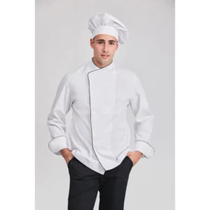 Chaqueta chef eton Norvil 1505 en blanco, vista frontal, sobre modelo.