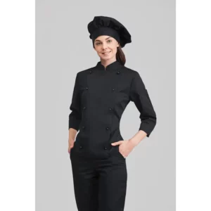 Chaqueta chef lady Norvil 1509 en negro, vista frontal, sobre modelo.