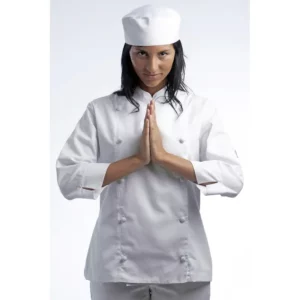 Chaqueta chef lady Norvil 1509 en blanco, vista frontal, sobre modelo.