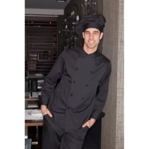 Chaqueta chef cardiff Norvil 1510 en negro, vista frontal, sobre modelo.
