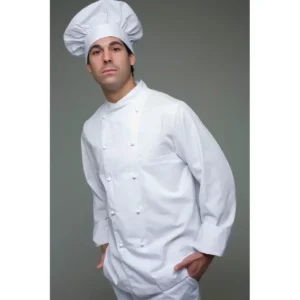 Chaqueta chef cardiff Norvil 1510 en blanco, vista frontal, sobre modelo.