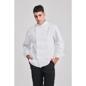 Chaqueta chef legrand Norvil 1524 en blanco, vista frontal, sobre modelo.