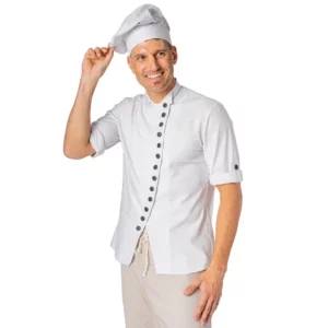Chaqueta chef ecológica Norvil 1536 en gris claro, vista frontal, sobre modelo.
