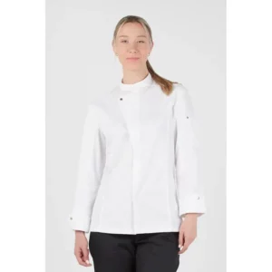 Chaqueta chef Aerosilver® Norvil 1549 en blanco, vista frontal, sobre modelo.