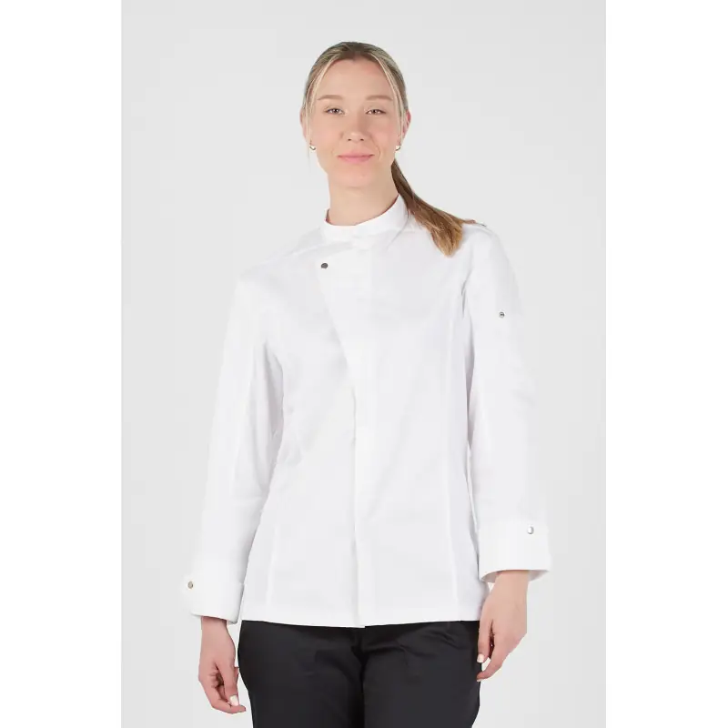Chaqueta chef Aerosilver® Norvil 1549 1 Chaqueta chef Aerosilver® Norvil 1549 en blanco, vista frontal, sobre modelo.