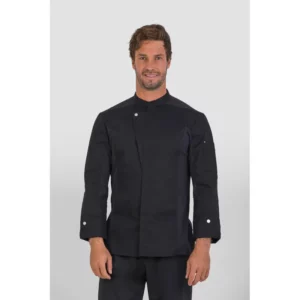 Chaqueta chef Aerosilver® Norvil 1549 en negro, vista frontal, sobre modelo.