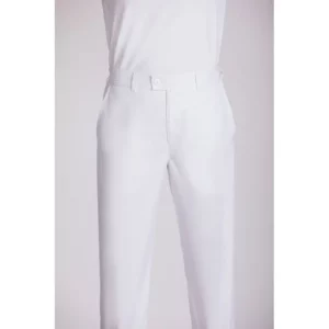 Pantalón ecológico unisex Norvil 1708 en blanco, vista frontal, sobre modelo y encuadre parcial.