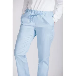 Pantalón sanitario de mujer Norvil 1709 en azul celeste, vista frontal, sobre modelo y encuadre parcial.