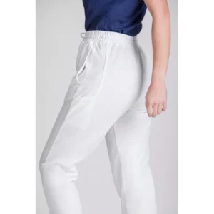 Pantalón Natura® unisex Norvil 1715 en blanco, vista de tres cuartos, sobre modelo y encuadre parcial.