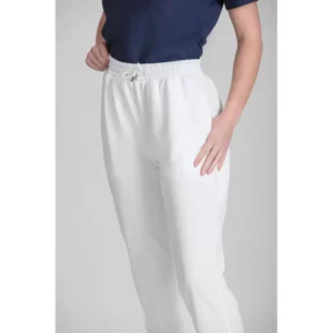 Pantalón Natura® unisex Norvil 1715 en blanco, vista frontal, sobre modelo y encuadre parcial.
