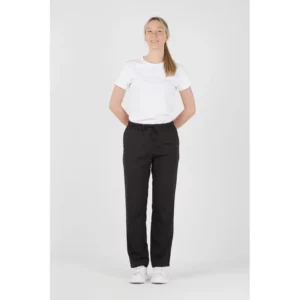 Pantalón antilejía unisex Norvil 1719 en negro, vista frontal, sobre modelo.