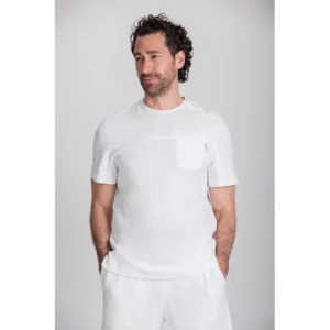 Camiseta spa de hombre Norvil 1732 en blanco, vista frontal, sobre modelo.