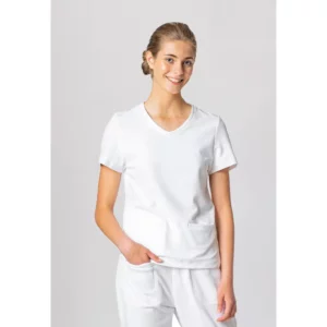 Camiseta spa de mujer Norvil 1738 en blanco, vista frontal, sobre modelo.