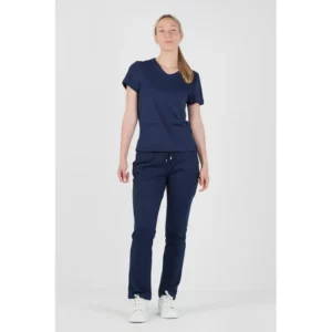 Camiseta spa de mujer Norvil 1738 en marino, vista frontal, sobre modelo.