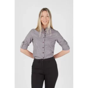 Camisa vichy de mujer Norvil 286 en marengo, vista frontal, sobre modelo.
