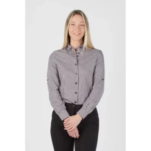 Camisa vichy de mujer Norvil 286 en marengo, vista frontal, sobre modelo.