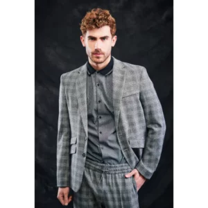 Americana unisex artia Norvil 3174 en cuadro negro/beige, vista frontal, sobre modelo.