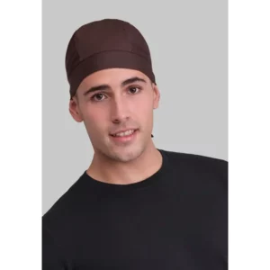 Bandana chef Norvil 565 en chocolate, vista frontal, sobre modelo.