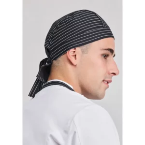 Bandana chef Norvil 565 en raya diplomática, vista lateral, sobre modelo.