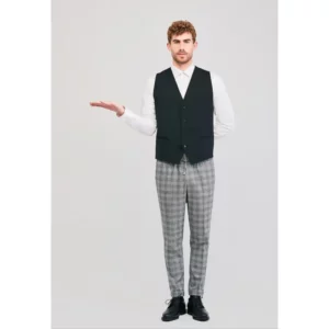 Pantalón jogger unisex artia Norvil 74 en cuadro negro/beige, vista frontal, sobre modelo.