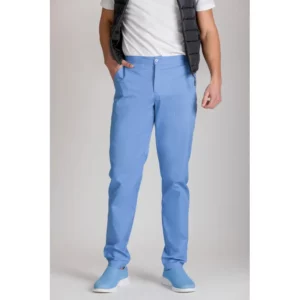 Pantalón cocina unisex Norvil 83 en celeste in, vista frontal, sobre modelo.
