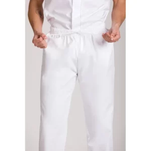Pantalón sanitario unisex Norvil 90 en blanco, vista frontal, sobre modelo y encuadre parcial.