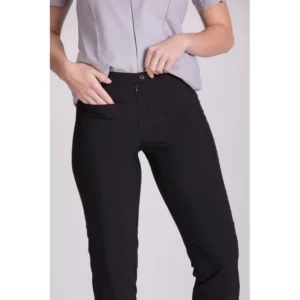 Pantalón confort fit de mujer Norvil 95 en negro, vista frontal, sobre modelo y encuadre parcial.