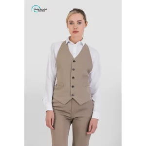 Chaleco unisex Norvil LO1277 en tostado, vista frontal, sobre modelo.
