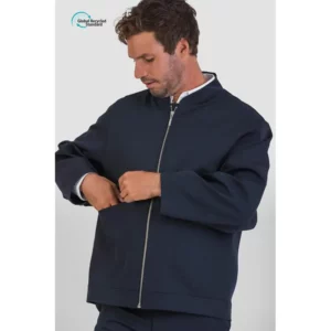 Chaqueta bomber GRS unisex Norvil LO3177 en marino, vista frontal, sobre modelo.