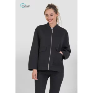 Chaqueta bomber GRS unisex Norvil LO3177 en negro, vista frontal, sobre modelo.
